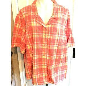 3X Plus Casual Corner Woman Orange Coral Yellow Plaid Short Sleeve Blouse Top